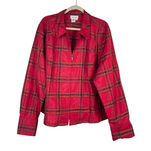 Coldwater Creek Silk Full Zip Blouse Top Red Plaid Holiday Christmas Size 3X - Picture 1 of 11
